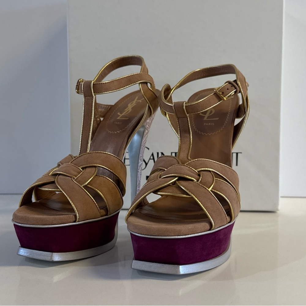 *YSL Tribute Yves Saint Laurent  Beige Multicolor Suede Sandal Heels EU 39 US 9